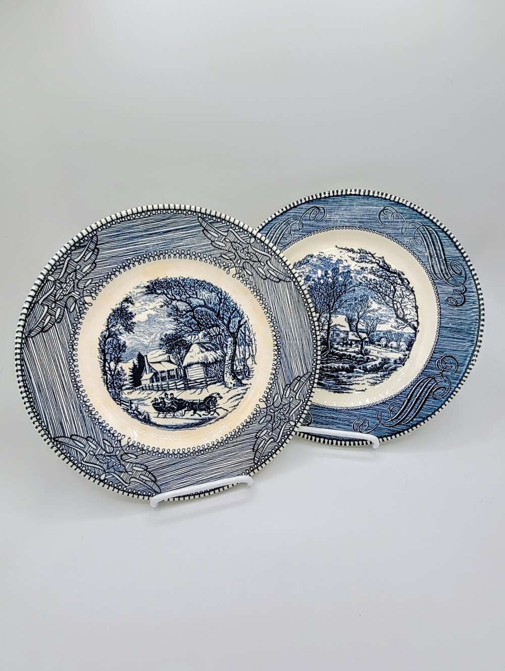 Royal China Currier Ives Blue White Farm Transferware Pair 10" Plates Ironstone